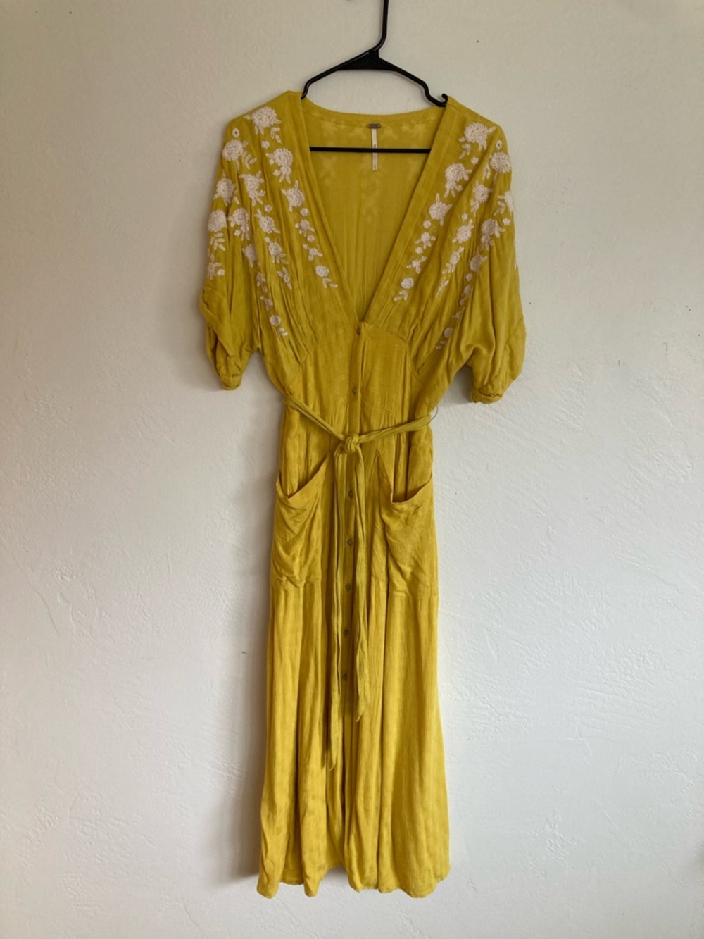 Free People Mustard Yellow Embroidered V-Neck Maxi Dress